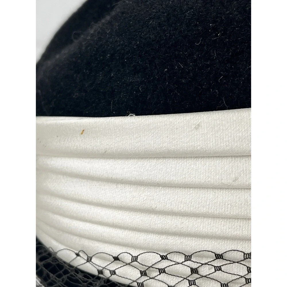 Vintage Pillbox Hat Satin Ribbon Black Ivory Rhinestone Accent Netting Wanamaker